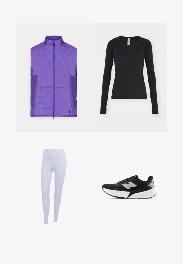 Paarse mouwloze gewatteerde jas met een hoge kraag, voorzien van een rits aan de voorkant en contrasterende textuur zijpanelen.; Zwarte longsleeve shirt, gemaakt van zachte stof. Beschikt over een ronde hals en raglanmouwen met duimgaten bij de manchetten. Minimalistisch ontwerp.; Lila leggings van rekbaar materiaal. Hooggevormd ontwerp met een gladde textuur en geen zichtbare naden of patronen.; Zwart-witte New Balance hardloopschoen met een dikke zool, bovenwerk van mesh en het "N"-logo aan de zijkant, bekeken vanaf de buitenzijde.