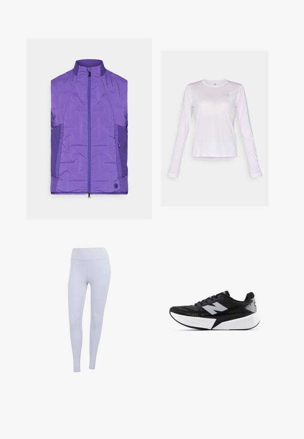 Purple, sleeveless padded jacket with a high collar, featuring a front zipper and contrasting textured side panels.; New Balance ATHLETICS LONG SLEEVE - Long sleeved top - taro heather; Light purple leggings made of stretchy fabric. High-waisted design with a smooth texture and no visible seams or patterns.; Black and white New Balance running shoe with thick sole, mesh upper, and "N" logo on the side, viewed from the outer side.