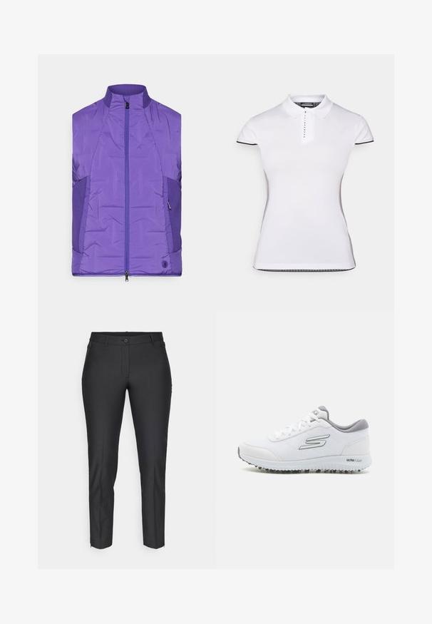 Lila, ärmellose gepolsterte Jacke mit hohem Kragen, ausgestattet mit einem Frontreißverschluss und kontrastierenden strukturierten Seitenpaneelen.; Weißes Polohemd mit kurzen Ärmeln, Kragen und Knopfleiste vorne. Schwarze Akzente an den Ärmeln und den Seitenähten. Weiche, glatte Textur.; Schwarze maßgeschneiderte Hose mit glatter Oberfläche, ausgestattet mit einem Knopfverschluss, Reißverschluss und zwei Seitentaschen. Slim-Fit mit schmal zulaufenden Beinen.; Weiße Sportschuhe mit einem strukturierten Mesh-Obermaterial, silbernen Akzenten und einer leichten Sohle mit kleinen Traktionsnoppen, bezeichnet als "ULTRA FLIGHT".