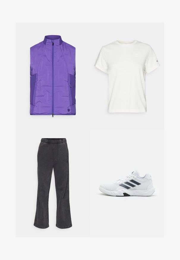 Jachetă din material padding, fără mâneci, de culoare mov, cu guler înalt, având un fermoar frontal și panouri laterale texturate de contrast.; Tricou din bumbac alb, cu mânecă scurtă, de tip crew neck, având un mic logo pe partea superioară stângă a pieptului. Textură moale și croială standard.; Pantaloni de trening evazați din țesătură gri închis, cu o textură moale. Dispune de un talie elastică și un logo brodat pe lateral.; Adidași albi cu partea superioară din plasă, trei dungi negre pe lateral, accente texturate și o talpă din cauciuc solidă cu o secțiune contrastantă neagră.