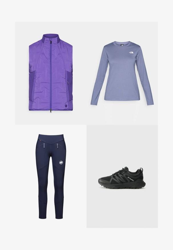 Jachetă din material padding, fără mâneci, de culoare mov, cu guler înalt, având un fermoar frontal și panouri laterale texturate de contrast.; Cămașă cu mâneci lungi dintr-un material violet deschis, cu guler rotund și logo-ul The North Face în alb pe partea stângă a pieptului. Textură netedă, croi lejer.; Leggings atletice de culoare bleumarin, cu talie înaltă, buzunare cu fermoar și logo pe gambă. Material neted și elastic, cu detalii de cusătură.; Columbia PEAKFREAK - Pantofi drumeție - black