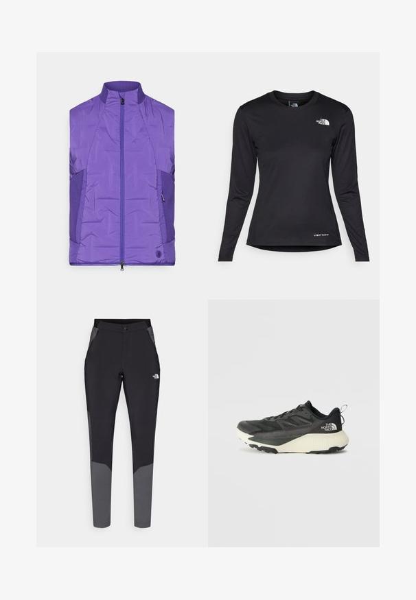 Lila, ujjatlan párnázott dzseki magas gallérral, elülső cipzárral és kontrasztos textúrájú oldalsó panelekével.; The North Face SHADOW LONG SLEEVE - Hosszú ujjú felső - black; Fekete outdoor nadrág szürke részletekkel, testhez simuló fazonnal, elasztikus derékrésszel, cipzáras zsebekkel és tartós, könnyű anyaggal.; Fekete sportcipő, texturált felsőrésszel, szürke kiegészítőkkel és fehér középtalppal. Húzófüllel és kiemelkedő márkalandírral a sarkán.