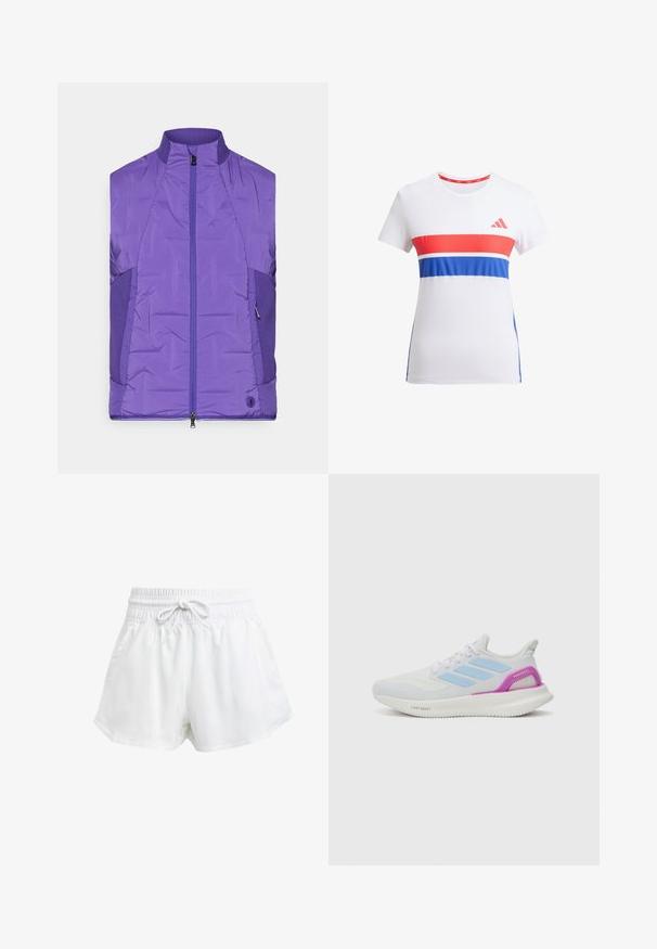 Violetinė, bezdžiuojanti pūkinė striukė su aukštu apykakle, turinti priekinį užtrauktuką ir kontrastiniais tekstūruotais šonų paneliais.; Balta sportinė t-marškiniai, dekoruoti raudonais ir mėlynais horizontaliais dryžiais, su apvaliu iškirpimu, trumpomis rankovėmis ir logotipu ant krūtinės.; Baltos sportinės šortai su elastinga juostos juosta ir reguliuojama raišteliu. Pagaminti iš lengvo audinio, turi šonines kišenes ir laisvą siluetą.; adidas Performance PUREBOOST 5 - Bėgimo batai plentui - white/glow blue/purple burst