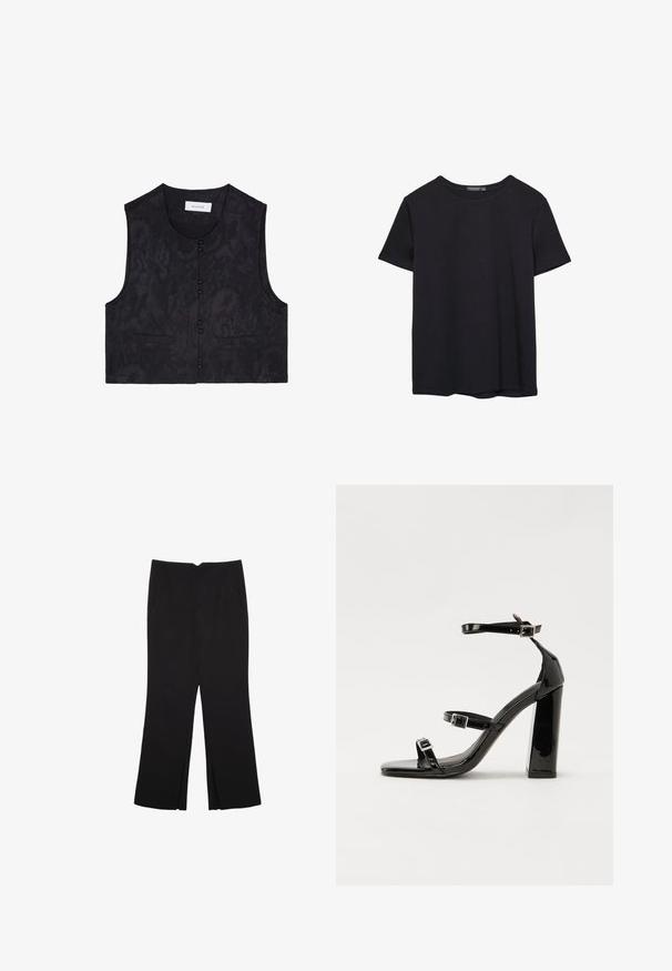 Zwarte mouwloze vest met een gestructureerde stof, voorzien van zes knopen aan de voorkant en twee voorzakken. Eenvoudig, kort ontwerp. Geen kraag.; Effen kortemouwen zwarte katoenen T-shirt met ronde hals, weergegeven op een witte achtergrond.; Zwarte broek met een rechte pasvorm, voorzien van zijzakken en plooien aan de onderzijde. Gemaakt van zachte, gladde stof. Geschikt voor verschillende gelegenheden.; Zwarte patent lederen sandalen met hoge hakken, twee gespenbanden, een vierkante neus en een stevige blokhak, met een gladde, glanzende textuur.