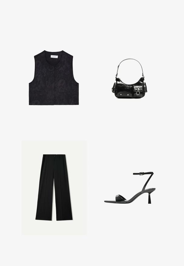 Gilet senza maniche nero in tessuto testurizzato, con sei bottoni frontali e due tasche frontali. Design semplice e corto. Senza colletto.; Body corto nero a maniche corte con scollatura tonda e aperture laterali alte, realizzato in un tessuto liscio e elasticizzato.; Bershka WIDE - Pantaloni - black; Bershka Sandali con tacco - black; Borsa a spalla in vernice nera con forma curvata, una tracolla, tasche frontali e dettagli in metallo argentato.