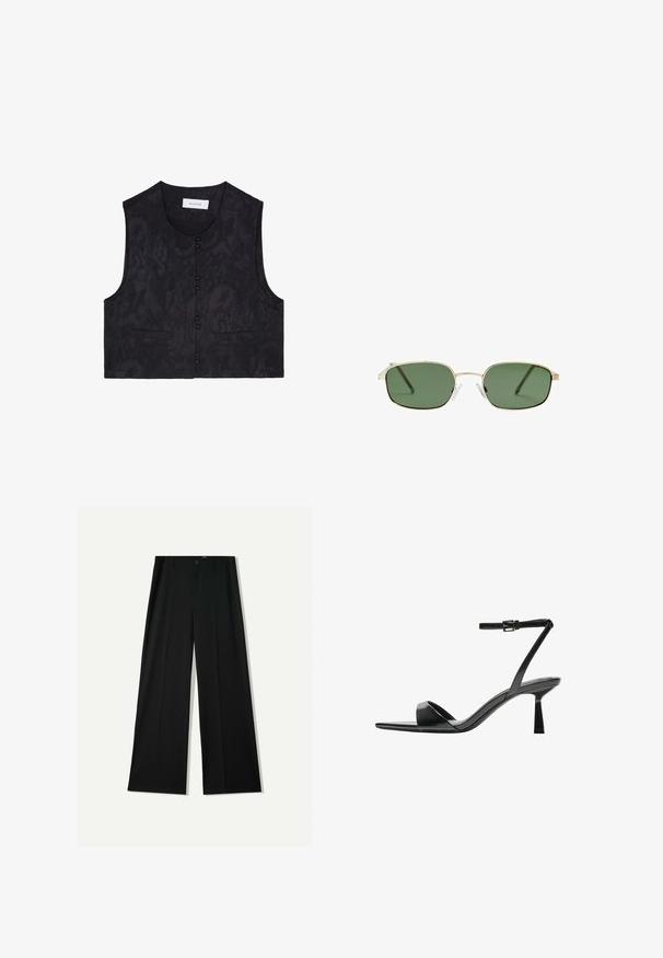Černá bezrukávová vesta s texturovaným materiálem, se šesti předními knoflíky a dvěma předními kapsami. Jednoduchý, zkrácený střih. Bez límce.; Černý bezsleeve crop top vyrobený z hladké tkaniny, s kulatým výstřihem a čistým, jednoduchým designem bez vzorů nebo kovových doplňků.; Bershka WIDE - Kalhoty - black; Bershka Sandály na vysokém podpatku - black; Sluneční brýle se zlatým kovovým rámem, zelenými skly, obdélníkovým tvarem a průhlednými plastovými opěrkami na nos. Tenké, štíhlé stranice s minimálním designem.; Černá lakovaná kožená kabelka s křivkovým tvarem, jedním ramenním popruhem, předními kapsami a stříbrnými kovovými detaily.
