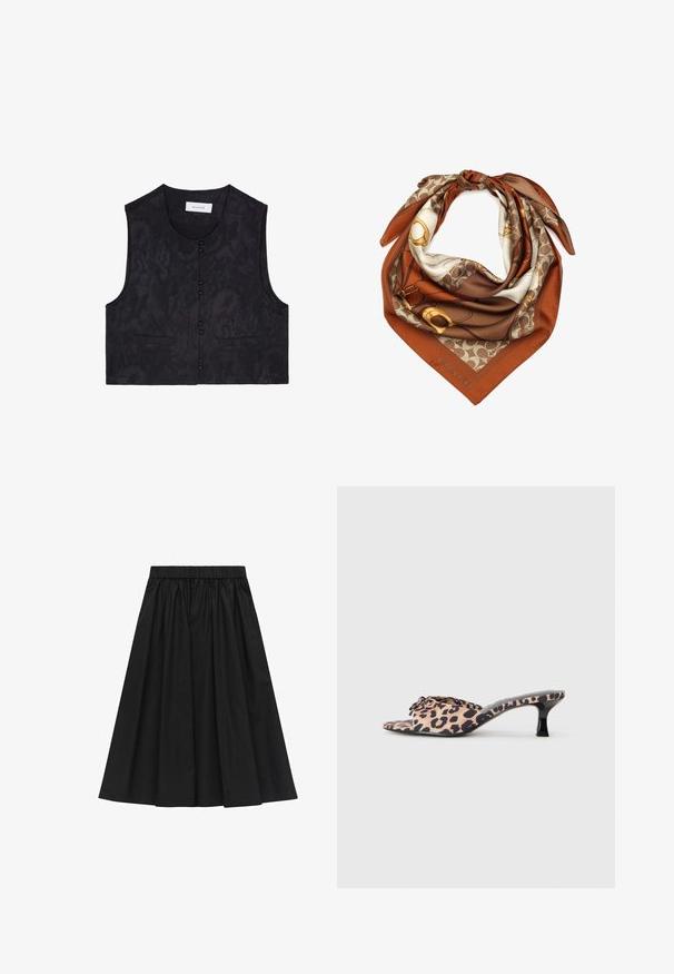 Czarny bezrękawnik o teksturowanej tkaninie, z sześcioma guzikami z przodu oraz dwiema kieszeniami. Prosty, krótki fason. Bez kołnierza.; Biała koszulka z krótkim rękawem wykonana z miękkiej bawełny. Posiada okrągły dekolt i prosty krój, z minimalnymi detalami szycia i bez wzorów.; Czarna spódnica do kolan z elastycznym paskiem w talii, wykonana z teksturowanej tkaniny, z zaszyciami, co nadaje jej objętościowy kształt.; Mule w panterkę z niskim, czarnym obcasem typu stiletto. Górna część z miękkiego materiału z detalem w postaci węzła z przodu oraz gładką, płaską podeszwą.; Jedwabny szal z brązowym i kremowym wzorem, z złotymi akcentami. Wykończone krawędzie oraz etykieta marki "COACH" w rogu. Trójkątny kształt.