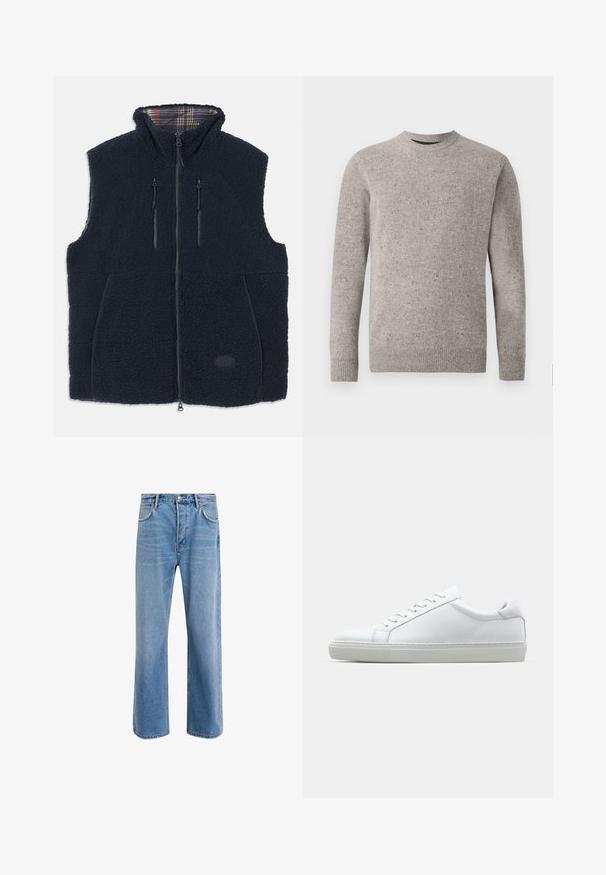 Námornícka fleecová vesta s měkkým, strukturovaným povrchem, celopropínacím předním zipem, dvěma kapsami se zipem a kostkovanou podšívkou v límci. Logo nášivka vpředu.; Svetle šedý pletený svetr s kulatým výstřihem, dlouhými rukávy a žebrovanými manžetami a lemem. Texturovaný vzor s barevnými skvrnami.; Světle modré džínové kalhoty s rovnými nohavicemi, pěti kapsami, zapínáním na knoflík, minimálním vyblednutím a kontrastním prošitím.; Bílé tenisky s hladkým koženým svrškem a nízkým profilem. Mají zaoblenou špičku, šest nýtů a texturovanou gumovou podrážku.