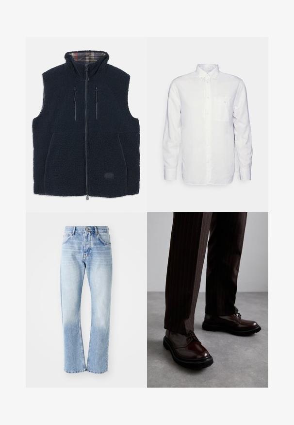 Colete de fleece azul-marinho com um exterior suave e texturizado, fecho com zíper completo à frente, dois bolsos com zíper e um forro xadrez no colarinho. Logotipo estampado na frente.; Camisa de manga longa branca feita de algodão, com colarinho abotoado, bolso frontal e corte regular. Tecido texturizado com superfície lisa.; Calças de ganga azul claro com corte de perna reta. Apresenta um design de cinco bolsos, fecho de botão e uma textura desbotada na parte inferior.; Sapatos de couro castanho com atacadores e um acabamento brilhante, sola de borracha preta e costuras subtis. Usados com calças castanhas à risca.