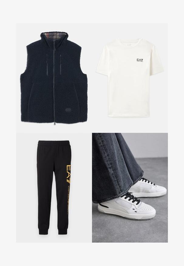 Ναυτικό γιλέκο από φλις με απαλό, υφασματοποιημένο εξωτερικό, μπροστινό φερμουάρ πλήρους μήκους, δύο τσέπες με φερμουάρ και επένδυση καρό στο γιακά. Ράμμα με λογότυπο μπροστά.; Λευκό βαμβακερό t-shirt με κοντά μανίκια, στρογγυλή λαιμόκοψη και μικρό μαύρο λογότυπο EA7 στο αριστερό στήθος. Λείος υφασμάτινος ιστός, κανονική εφαρμογή.; Μαύρες φόρμες από μαλακό ύφασμα, με ελαστική μέση και μανσέτες στους αστραγάλους. Κίτρινη επωνυμία εκτυπωμένη κατακόρυφα στο αριστερό πόδι.; Λευκά αθλητικά παπούτσια με μαύρες κορδόνες και πλέγμα λεπτομέρειας. Διαθέτουν λείο δερμάτινο επάνω μέρος και υφή από καουτσούκ στη σόλα. Συνδυάζονται με γκρι παντελόνια φαρδιάς γραμμής.