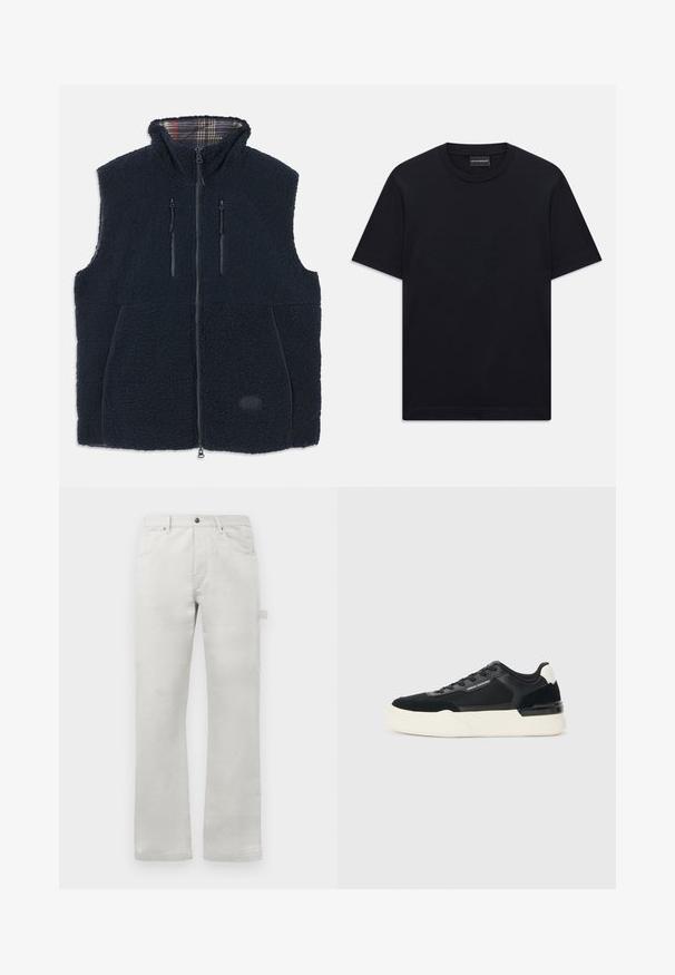 Morska flis prsluk s mekim, teksturiranim vanjskim dijelom, punim zatvaračem sprijeda, s dva džepa na zatvaračima i karo podstavom u ovratniku. Naljepnica s logotipom sprijeda.; Crna majica kratkih rukava s okruglim izrezom, s blagim reljefnim logotipom smještenim u središtu prsnog dijela i oznakom branda unutar ovratnika.; Svijetlosive hlače ravnog kroja, izrađene od glatkog pamučnog blaga, s prednjim džepovima i bočnim cargo džepom.; Crne tenisice od mrežaste tkanine i kože, s debelim bijelim potplatom i kontrastnim detaljima. Šnure i logo detalj sa strane.