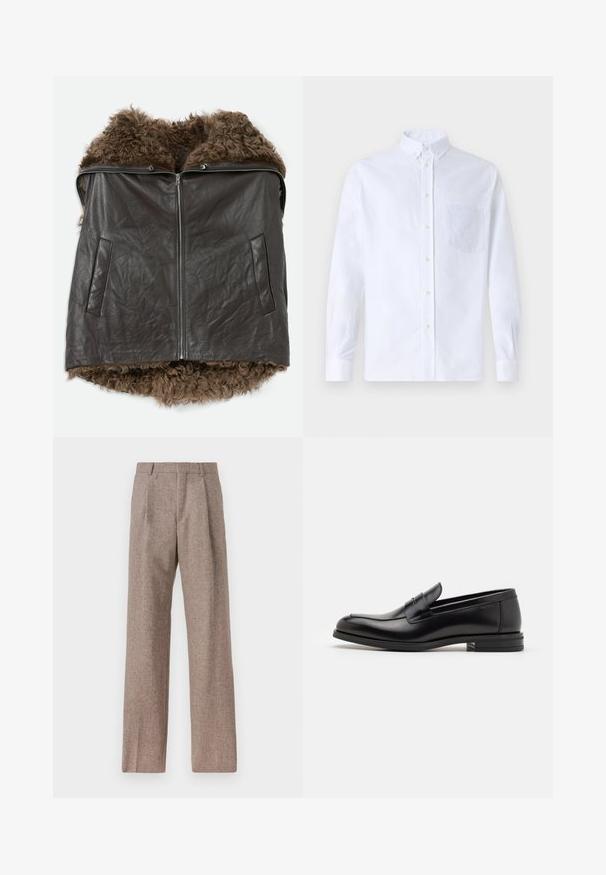Tmavo hnedá kožená vesta s predným zipsom, dvoma bočnými vreckami a mäkkou kučeravou kožušinou, ktorá je viditeľná na golieri a leme.; Biely dlhý rukáv košeľa s gombíkmi vyrobená z bavlny, s náprsného vrecka s tonálnou výšivkou, golierom a gombíkovými manžetami.; Hnedé, vysoké nohavice vyrobené z texturovanej látky. Majú široké nohavice a dva predné záhyby pre štruktúru. Úhľadné spracovanie bez viditeľného kovania.; Čierne kožené mokasíny s hladkou textúrou, zaoblenou špičkou a dekoračným pásikom cez priehlavok. Nízky vrstvený opätok, minimalistický dizajn.