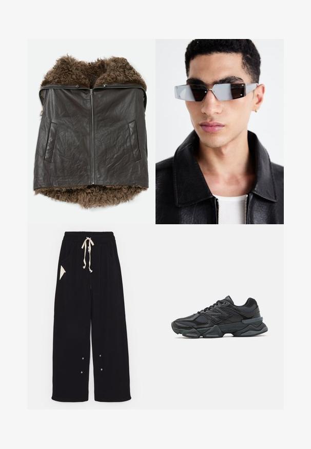 Tummanruskea nahkaliivi, jossa on etuvetoketju, kaksi sivutaskua ja pehmeä kihara turkislina, joka näkyy kauluksessa ja helmoissa.; Lyhythihainen musta t-paita puuvillasta, jossa on pyöreä kaula-aukko ja rento mitoitus. Sileä pinta, jossa on vain vähän ommel yksityiskohtia.; Mustat leveälahkeiset housut pehmeästä kankaasta, joissa on naru vyötäröllä, sivutaskut ja kolmionmuotoinen korostustasku. Mukana hopeiset yksityiskohdat.; Musta juoksukenkä, jossa on yhdistelmä verkko- ja synteettisiä materiaaleja, paksu pohja, kaareva muotoilu ja näkyvä brändäys sivussa.; Kuluneet harmaan sävyiset aurinkolasit, joissa on hopeiset yksityiskohdat, vaaleaa taustaa vasten. Linssit ovat ainutlaatuisen geometrisen muotoiset.