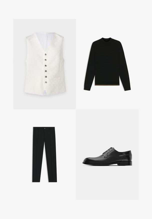 Wisiorek z kości słoniowej o subtelnej teksturze wzoru, projekt V-neck, sześć srebrnych guzików i dwie przednie kieszenie. Gładki materiał z satynowym wykończeniem.; Czarny sweter z dzianiny z długimi rękawami i wysokim kołnierzem. Ma złoty akcent na dolnym brzegu. Gładka tekstura i dopasowany krój.; Czarne spodnie materiałowe z prostymi nogawkami, wykonane z gładkiego materiału. Posiadają zamek na guzik z przodu oraz szlufki na pasek. Gładkie, bez wzorów.; Czarne skórzane eleganckie buty z zaokrąglonym noskiem, gładką teksturą, minimalnymi szwami i płaską podeszwą z subtelnym logo na pięcie.