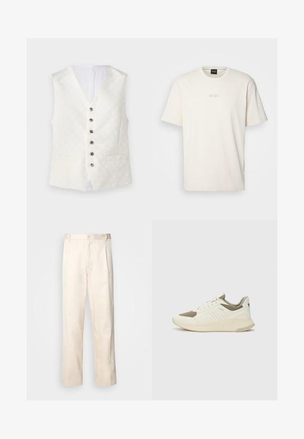 Wisiorek z kości słoniowej o subtelnej teksturze wzoru, projekt V-neck, sześć srebrnych guzików i dwie przednie kieszenie. Gładki materiał z satynowym wykończeniem.; BOSS - T-shirt basic; Beżowe bawełniane spodnie o prostym kroju nogawki, z zapięciem na guziki i plisami z przodu dla dodatkowego zdobienia.; Białe i jasnobeżowe sneakersy sportowe, z siateczkową cholewką, perforowanymi detalami oraz teksturowaną podeszwą śródstopia z brandingiem na pięcie.
