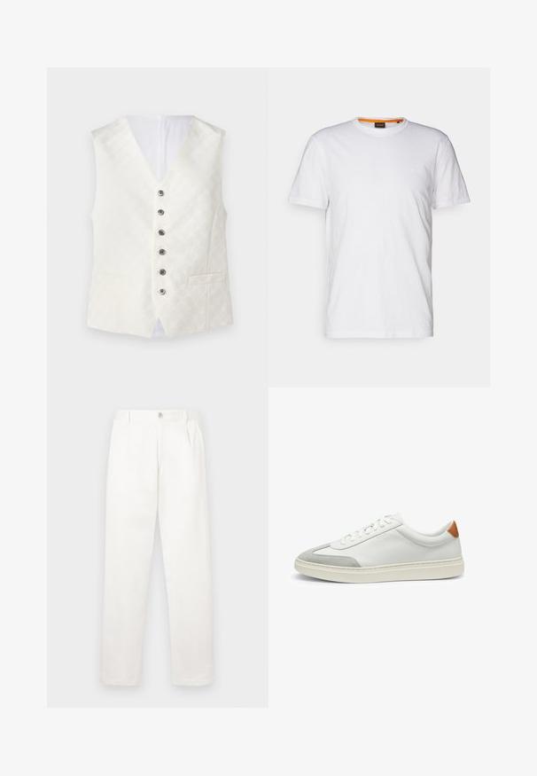 Wisiorek z kości słoniowej o subtelnej teksturze wzoru, projekt V-neck, sześć srebrnych guzików i dwie przednie kieszenie. Gładki materiał z satynowym wykończeniem.; Biała bawełniana koszulka z okrągłym dekoltem, krótkimi rękawami oraz subtelnie wytłoczonym logo na klatce piersiowej. Wewnętrzna metka ma pomarańczowy akcent.; Białe spodnie wykonane z gładkiego materiału, charakteryzujące się prostym krojem nogawki, plisami z przodu oraz pojedynczym zapięciem na guzik w pasie.; Białe skórzane tenisówki z szarymi zamszowymi akcentami oraz brązowym skórzanym zapiętkiem. Posiadają teksturowaną powierzchnię i lekką podeszwę.