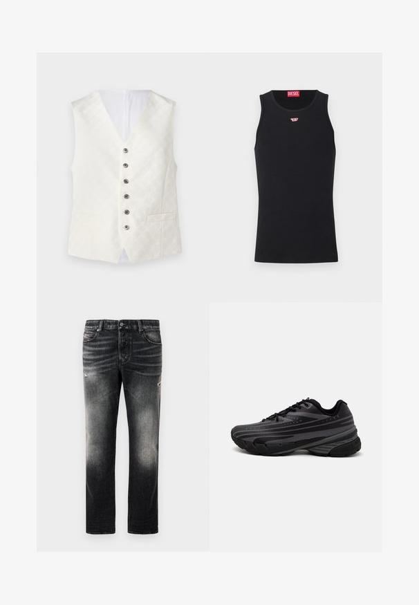 Slonokoščena suknja z diskretno vzorčasto teksturo, izrezom v obliki V, šestimi srebrnimi gumbki in dvema sprednjima žepoma. Gladka tkanina z satenskim sijajem.; Črn top z gladkega materiala, ki ima okroglo izrezano ovratnik, rokavske odprtine in majhen rdeč logotip na prsih. Preprost dizajn, brez rokavov.; Črne kavbojke z blagim oljčnim opravkom in raztrganimi detajli, standardnim petimi žepi in zapiranjem na zadrgo. Narejene so iz denim tkanine.; Črne tekaške copate z teksturiranim zgornjim delom, ki ima sive črte. Debel podplat za blaženje udarcev, okrogla konica in ravne vezalke za varen oprijem.