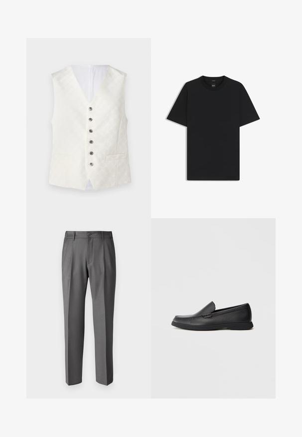 Wisiorek z kości słoniowej o subtelnej teksturze wzoru, projekt V-neck, sześć srebrnych guzików i dwie przednie kieszenie. Gładki materiał z satynowym wykończeniem.; Czarny t-shirt krótki rękaw wykonany z gładkiej mieszanki bawełny, z okrągłym dekoltem i minimalistycznym designem bez wzorów czy akcentów.; DRYKORN LEEK szary; Czarne skórzane mokasyny wsuwane z teksturowaną cholewką, okrągłym noskiem, niskim obcasem i gumową podeszwą, przedstawione w profilu bocznym na białym tle.