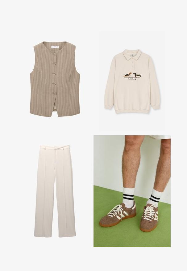 Gilet beige senza maniche con righe verticali, cinque bottoni frontali, scollo rotondo e taglio dritto. Texture del tessuto liscia.; Kaotiko CREW PUPPIES UNISEX - Polo - beige; Pantaloni a gamba larga in tessuto beige chiaro con una texture liscia. Presentano una vita aderente, pieghe frontali e nessuna tasca visibile.; Sneaker in suede marrone con dettagli e lacci bianchi. Suola in gomma color gomma. Indossati con calzini bianchi con righe nere. Pavimento verde texturizzato.