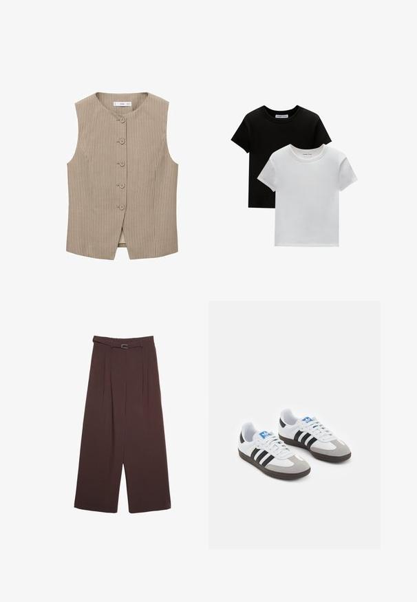 Beige ärmellose Weste mit vertikalen Streifen, fünf Knöpfen an der Vorderseite, einem runden Ausschnitt und einem geraden Schnitt. Glatte Gewebestruktur.; Zwei T-Shirts mit Rundhalsausschnitt in Schwarz und Weiß, aus Baumwolle. Sie haben kurze Ärmel und einfarbiges Design ohne Muster oder Akzente.; Stradivarius WIDE-LEG WITH BUCKLE DETAIL - Stoffhose - dark brown; Sportschuhe mit einem Obermaterial aus weißem Leder, grauer Wildleder-Zehenkappe und drei schwarzen Streifen. Sie verfügen über ein blaues Logo auf der Zunge und eine strukturierte Gummisohle.