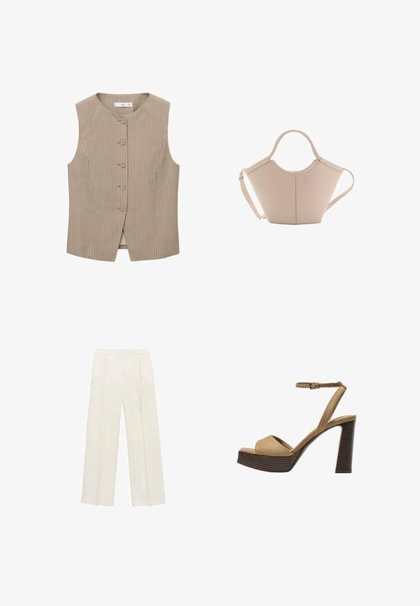 Beige mouwloze vest met verticale strepen, vijf knopen aan de voorkant, een ronde halslijn en een rechte snit. Soepele stoftextuur.; Beige trui met korte mouwen, gemaakt van zachte breisels. Heeft een ronde halslijn en ribgebreide zomen. Eenvoudig en minimalistisch ontwerp.; Wijdgevallen broeken in een lichtcrème kleur. Gemaakt van een zachte stof met plooien aan de voorkant en zijzakken.; Beige suède hoge hakken sandalen met een brede voorband en enkelband, met een dikke houten blokhak met een gestructureerde afwerking.; Beige leren handtas met een unieke vorm, voorzien van twee korte handvatten en een lange verstelbare schouderriem. Glad oppervlak met minimale hardware.