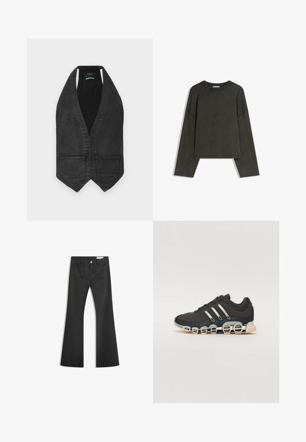 Fekete farmer ujjatlan mellény mély V-nyakkal, két elülső zsebbel és hegyes szegéllyel, belső gallérján "Replay" felirattal.; Sötétszürke, hosszú ujjú felső, pamut-összeállítású anyagból. Téglalap alakú, kerek nyakkivágással és lejjebb húzott vállakkal, látható varrásokkal.; Fekete, sima textúrájú farmer flare nadrág, két hátsó zsebbel és gombos derékkal.; Fekete sportcipő texturált felsőrésszel, három ezüst csíkkal, és egy jellegzetes párnázott talppal, amely több integrált szakaszból áll.