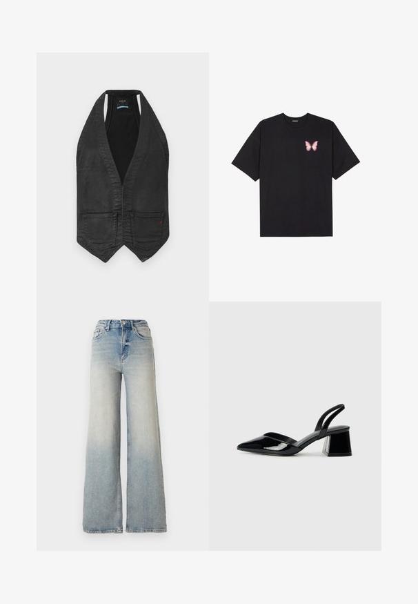 Svart denimärmlös väst med djup V-ringning, två framfickor och spetsig nederkant, märkt "Replay" inuti kragen.; Svart bomullströja med korta ärmar, med en liten rosa fjärilsgrafik på vänster bröst. Rundad halsdesign med en avslappnad passform.; Ljusblå vida jeans gjorda av denim, med hög midja, fem fickor och synlig sömnad längs sömmarna.; Svarta lackläder slingback klackar med spetsig tå och geometrisk klack. Har en elegant, minimalistisk design och slät yta.