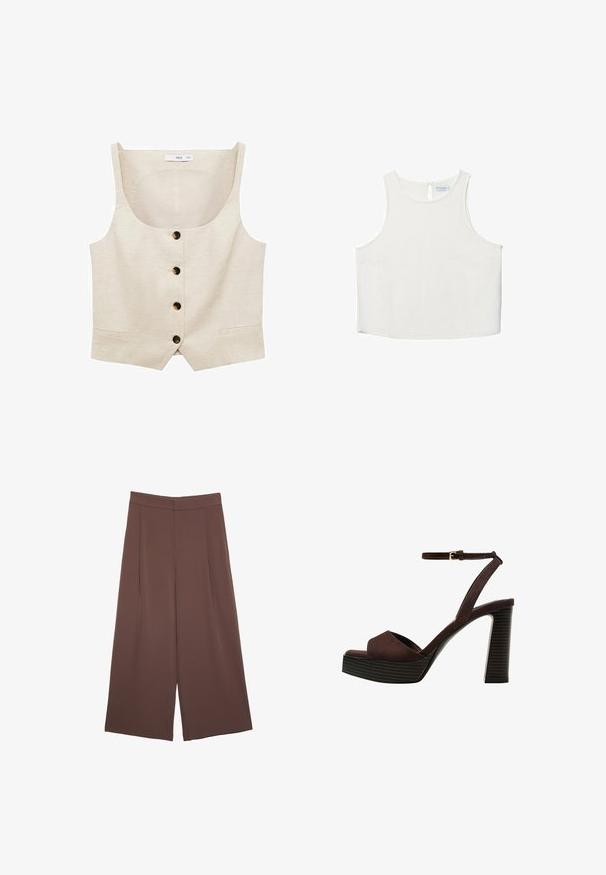 Beige tanpa lengan dengan leher persegi, empat tombol gelap di bagian depan, dan celah kecil di bagian bawah.; Valkoinen hihaton paita, jossa on pyöreä pääntie, hienovarainen tekstuuri, avaustakki ja suora helma.; Ruskeat leveälahkeiset housut, joissa on sileä pinta, korkea vyötärö ja etupleat. Kangas on kevyttä ja laskeutuu väljänä.; Ruske kožne sandale s visokom potpeticom, otvorenim prstima, podesivim kopčanjem oko gležnja i prugastim platformskim đonom.