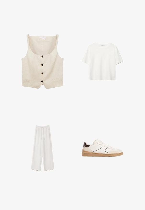 Beige tanpa lengan dengan leher persegi, empat tombol gelap di bagian depan, dan celah kecil di bagian bawah.; Valkoinen lyhythihainen T-paita, joka on tehty puuvillasta. Siinä on pyöreä kaula-aukko ja rento malli. Silkkinen pinta ilman näkyviä kuvioita tai koristeita.; Valkoiset leveälahkeiset housut kevyestä kankaasta. Ominaisuuksiin kuuluu elastinen vyötärö, jossa on nauhakuuluma ja sivutaskut. Sileä rakenne.; Stradivarius Matalavartiset tennarit - white