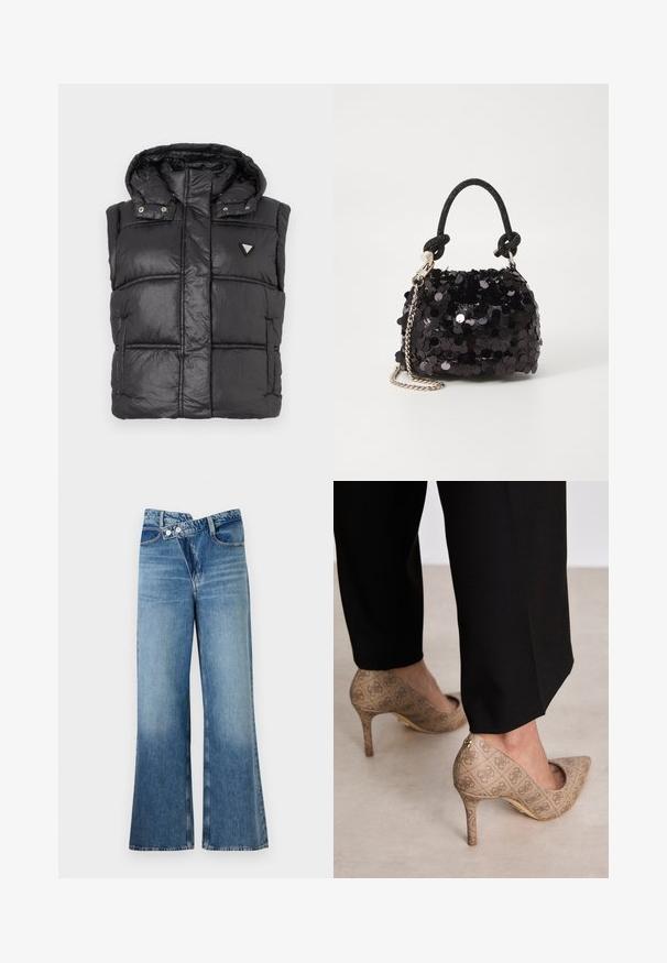 Svart vadderad väst med huva, med en glänsande yta, quiltat mönster, framknappar och en liten triangulär logotyp på bröstet.; Svart t-shirt med kort ärm som har en stor glittrig triangel-logga med "GUESS U.S.A." och ett centralt frågetecken.; Ljust blå denim jeans med utsvängda ben och hög midja, med två knappar och framfickor. Tyget har en blekt textur med subtila variationer.; Beige högklackade skor med en strukturerad tyg som har ett upprepande mönster. Spetsig tån design med bakakcent och detaljer i guld på klacken.; Svart paljett mini-handväska med en knuten texturerad rem och silverkedja. Rund form med samlad topp och reflekterande detaljer.