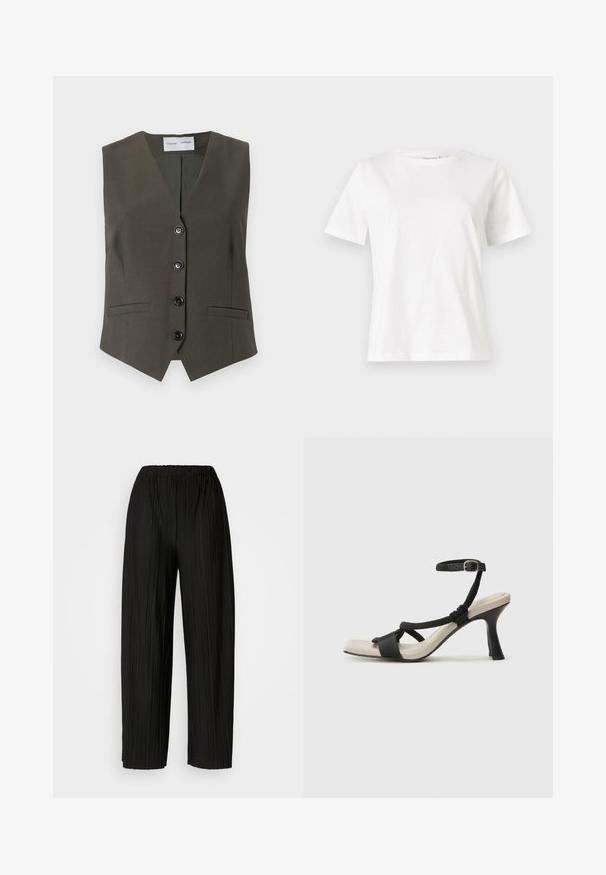 Olivno zeleno brezrokavnik iz teksturirane tkanine, z V-izrezom, petimi črnimi gumbi in dvema sprednjima žepoma.; Bela bombažna majica s kratkimi rokavi, okroglo izrezana in ohlapnega kroja. Gladka tekstura, brez vzorcev ali dodatkov, minimalističen dizajn.; Črne široke hlače z nagubanimi hlačnicami in elastičnim pasom. Tkanina vsebuje vertikalne gube in gladko teksturo.; Črne sandale na visoki peti z prepletenim trakom, kvadratnim nosom in nastavljivim gležnjenjem. Svetlo bež podplat z sijajno črno peto.