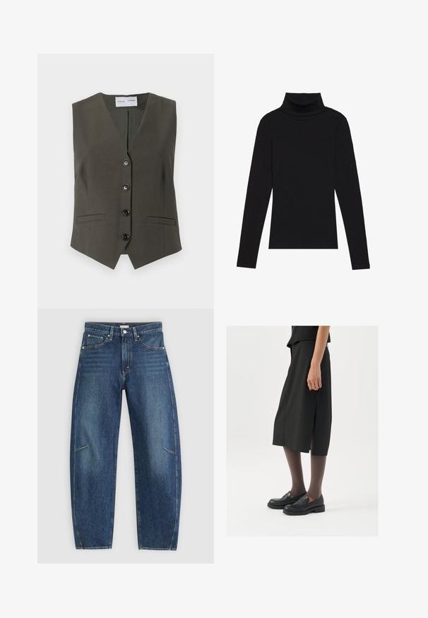 Colete sem mangas verde-oliva feito de tecido texturizado, com decote em V, cinco botões pretos e dois bolsos frontais.; Top de gola alta de manga longa, preto, feito de tecido canelado, apresenta um design justo com um decote elevado e sem padrões ou detalhes.; Jeans de ganga azul-escuro com um design de perna reta, apresentando bolsos frontais, costura em contraste e uma textura ligeiramente desbotada nas pernas.; Saia preta até ao joelho com fenda lateral, combinada com sapatos loafers pretos e meias-tights transparentes castanhas, apresentando um tecido suave e um design simples.