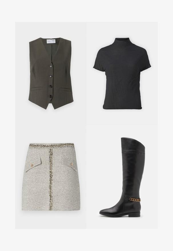 Olíva zöld ujjatlan mellény, texturált anyagból készült, V-nyakkal, öt fekete gombbal és két elülső zsebbel.; Fekete, rövid ujjú, garbós felső, könnyű anyagból készült, sima tapintású és testhez simuló fazonú, magas nyakkal.; Szőtt tweed szoknya fehér és fekete halászmintával, két elülső zsebbel és aranyszínű cipzárral a hátsó részén, szakadt szélekkel.; Magas fekete bőrcsizma áramvonalas dizájnnal, hegyes orral és arany lánc díszítéssel a bokán. Alacsony, tömbsarkú. Sima felület.