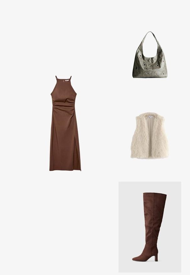 Faux krzno telovnik, kremne barve, odprt sprednji dizajn, mehak material, brez rokavov, z dolgimi, puhastimi vlakni za toploto in udobje.; Stradivarius HALTER - Enostavna obleka - dark brown; Rjavi škornji do kolen, izdelani iz mehkega materiala, podoben semišu. Imajo koničast nos in zložen peto za stabilnost. Gladek, mat zaključek.; Olivnozeleni usnjeni ročni torbici z ohlapno obliko, ki ima različne velikosti okroglih izrezov in poudarke v temnejših in svetlejših odtenkih.