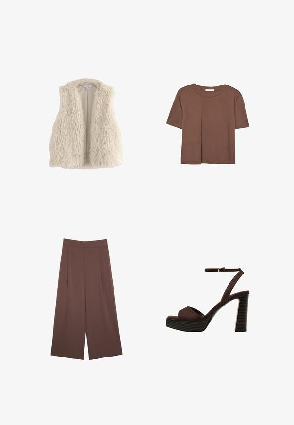 Faux pelsvest, kremfarvet, åben fron design, blød tekstur, ærmeløs, med lange, fluffy fibre for varme og komfort.; Brun kortærmet t-shirt lavet af blødt stof, med rund halsudskæring og afslappet pasform. Ingen synlige mønstre eller detaljer.; Brune bredbunde bukser med en glat tekstur, der har høj talje og plisseringer foran. Stoffet er let og falder løst.; Brune ruskinds højhælede sandal med åben tå, justerbar ankelrem og en stribet plade sål.