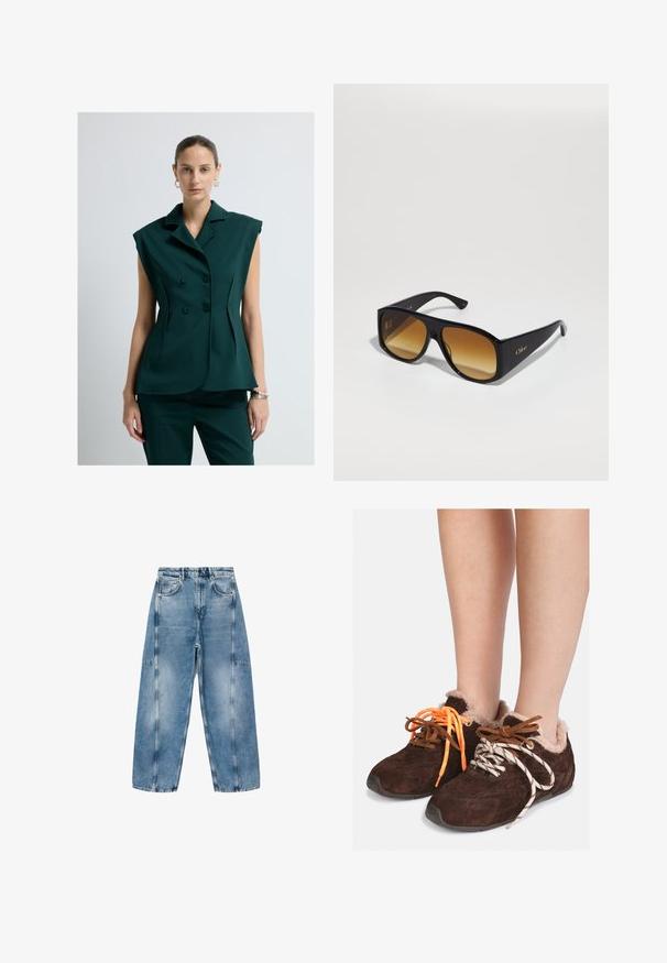 Žena s vlasy svázanými do culíku, oblečená v tmavozeleném bezrukávovém saku s dvojitým zapínáním a odpovídajících kalhotách, stojící na jednobarevném bílém pozadí.; Šedý krátký svetr vyrobený z měkkého, chlupatého materiálu. Má dlouhé rukávy a kulatý výstřih, s hladkou a lehkou texturou.; Bílý krátký rukáv T-shirt vyrobený z měkké bavlny, s kulatým výstřihem a volným střihem se zahnutými detaily. Bez vzorů nebo akcentů.; Svetle modré džíny mají volný střih, velké kapsy a kontrastní švy. Tkanina má vybledlý vzhled a hladkou texturu.; Hnědé semišové nazouvací boty s kožešinovou podšívkou nošené na nahých nohách, vybavené nesouměrnými tkaničkami: jedna oranžová a jedna bílá s černými pruhy.; Černé obdélníkové sluneční brýle s hnědými gradientními skly. Vyrobeny z plastu, mají hladký povrch a jemné zlaté logo na ramínku.