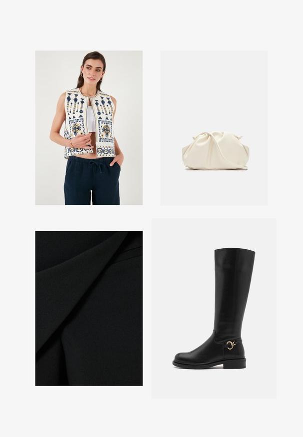 Weißer bestickter Weste mit navy- und gelben Mustern, ärmelloses Design und einer Öffnung vorne. Kombiniert mit dunkelblauen Hosen.; Schwarzes Langarm-T-Shirt aus weichem Stoff. Hat einen weiten runden Halsausschnitt und einen lockeren Schnitt mit geradem Saum. Keine sichtbaren Muster oder Akzente.; Schwarzer Stoff mit einer glatten, matten Textur, der in Schichten gefaltet ist und ein strukturiertes Design aufweist, was ein elegantes Erscheinungsbild erzeugt.; Anna Field Wide Fit Stiefel - black; Cremfarbener, weicher Kunstlederbeutel mit gerafftem Design, verstellbarem Schultergurt und subtiler Kordelzug-Verschluss. Glatte Textur und runde Form.; Silberne Tropfohrringe mit abgerundeten, reflektierenden Oberflächen; minimalistisches Design mit glatter Textur und subtilen Brandingdetails.