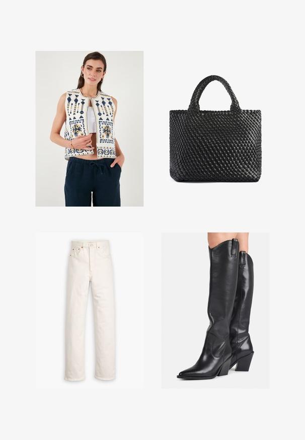 Fehér hímzett mellény navy és sárga mintákkal, ujjatlan dizájn és elöl nyitott fazon. Sötétkék nadrággal párosítva.; Két darabból álló, testhezálló garbó felső szett fehér és fekete színben. Rövid ujjú, sima pamut anyagból készült, szorosan illeszkedő fazonnal. Nincsenek minták vagy grafikák.; Fehér farmeregyenes lábszárral, öt zsebes stílusban, réz hardver díszítéssel. Nyers szegés a bokáknál.; Fekete bőrcipő, térdig érő, hegyes orral, ívelt szárral és masszív sarokkal. Simás textúrával rendelkezik, és a tetején húzófülek találhatók.; Fekete szőtt nagy táska két fogantyúval, amelynek texturált felülete és téglalap alakja van. Egyszerű, egyedi dizájn, látható hardver nélkül.