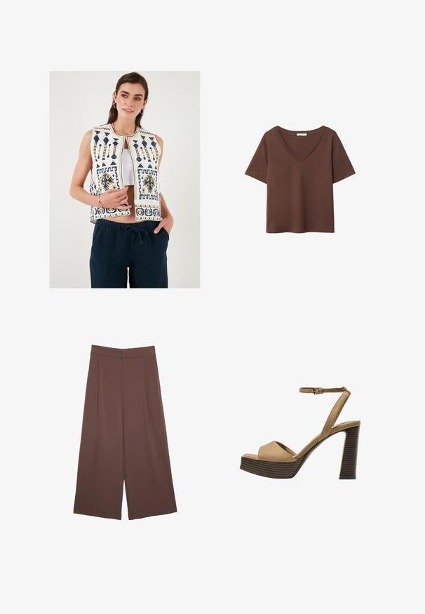 Weißer bestickter Weste mit navy- und gelben Mustern, ärmelloses Design und einer Öffnung vorne. Kombiniert mit dunkelblauen Hosen.; Braunes Baumwoll-T-Shirt mit kurzen Ärmeln und tiefem V-Ausschnitt. Einfaches Design, weiche Textur und gerade Saumlinie. Keine Muster oder Akzente.; Braune Weite-Leg-Hosen mit einer glatten Textur, hoher Taille und Vorderfalten. Der Stoff ist leicht und fällt locker.; Beige Wildleder-Pumps mit hohem Absatz, breitem Vorderband und Knöchelriemen, ausgestattet mit einem klobigen Holzblockabsatz mit strukturiertem Finish.