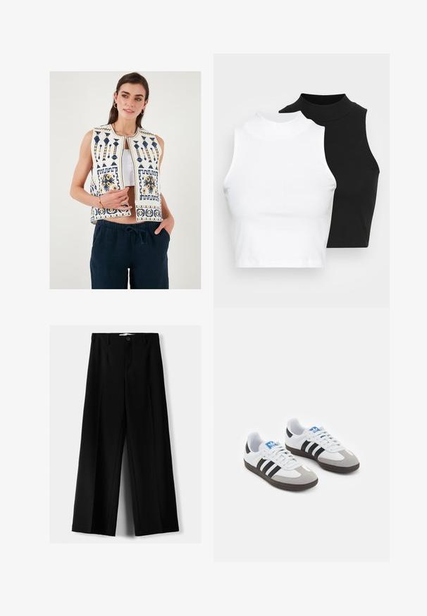 White embroidered vest featuring navy and yellow patterns, sleeveless design, and a front opening. Paired with dark blue pants.; Two sleeveless ribbed turtleneck tops in black and white, featuring a fitted design and smooth texture, with cropped length.; Black wide-leg trousers made of lightweight fabric, featuring a front button closure and flat front, with neatly stitched hems.; Sport shoes with a white leather upper, gray suede toe, and three black stripes. Features a blue logo on the tongue and a textured rubber sole.