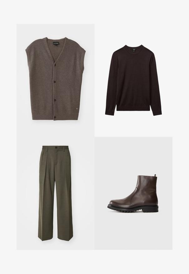 Hnědý žebrovaný bezrukávový kardiagan s výstřihem do V, pěti knoflíky na přední straně a malým logem na dolní straně.; Reiss Svetr - dark bordeaux; Filippa K WIDE TROUSERS - Kalhoty - driftwood; Hnědé kožené kotníkové boty s hladkým povrchem, elastickými postranními panely, poutkem na zadní straně a robustní gumovou podrážkou.