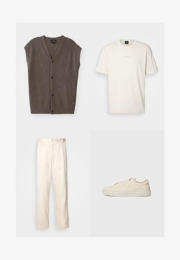 Braune gerippte ärmellose Strickjacke mit V-Ausschnitt, fünf Knöpfen auf der Vorderseite und einem kleinen Logo-Akzent an der unteren Seite.; BOSS TEE - T-Shirt basic - open white; Beige Baumwollhose mit geradem Bein, ausgestattet mit einem Knopfverschluss und Falten an der Vorderseite für zusätzliche Details.; Beige Leder Sneaker mit runder Zehenpartie, minimalistischem Design, subtilen Nähten und strukturiertem Obermaterial auf einer hellen Sohle.