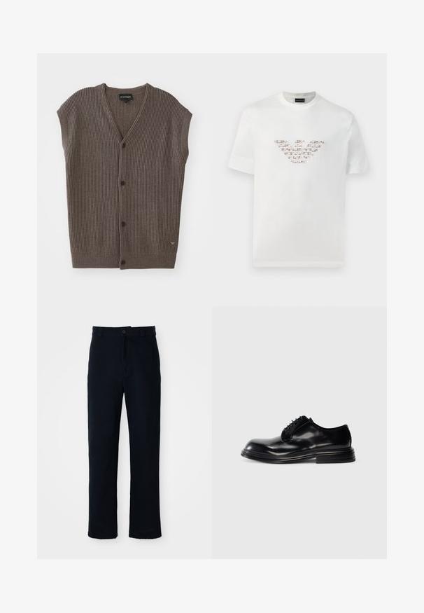 Ruda raištinė be rankovių kardiganas su V formos iškirpte, penkiomis mygtukais priekyje ir maža logotipo detalė apatinėje pusėje.; Balta medvilninė marškinė su trumpomis rankovėmis ir apvaliu iškirpimu. Savybėje yra centrinis logotipo dizainas rožių ir rudos spalvos atspalviuose.; Tamsiai mėlynos medvilninės kelnės, turinčios tiesioginį kirpimą, priekyje užsegamos mygtuku ir klasikine juosta su dirželio kilpom.; Juodas odinis batų modelis su apvalia nosimi, lygia apdaila, raišteliu surišimu ir sudėtingu kulnu. Minimalistinis stilius be išorinių logotipų.
