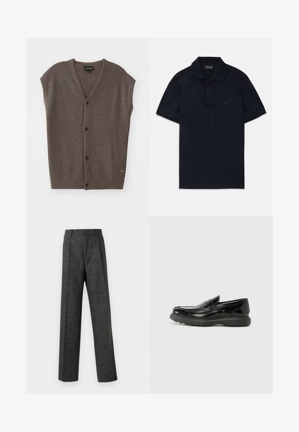 Brown ribbed sleeveless cardigan with a v-neck, five buttons down the front, and a small logo accent on the lower side.; Navy blue short-sleeve polo shirt with collar and subtle logo on the left chest, flat-lay on white background.; Gray tailored trousers made of textured fabric, featuring two front pleats and a straight-leg design. No visible pockets or embellishments.; Black leather loafer with a glossy finish, rounded toe, subtle stitching details, and a thick rubber sole for durability.