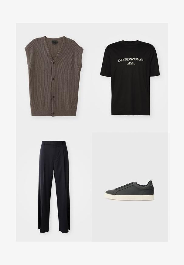 Rjava rebrasta brezrokavnika z V-izrezom, petimi gumbi spredaj in majhnim logotipom na spodnji strani.; Črna bombažna majica s krožnim izrezom, kratkimi rokavi in logotipom "EMPORIO ARMANI" v beli barvi nad napisom "Milano" v ukrivljenem oblikovanju.; Črne hlače visoke pasu s širokimi nogavicami, narejene iz gladkega blaga. Imajo sprednje gube in zanko za pas. Minimalističen dizajn, brez vidnih dodatkov.; Črne usnjene superge z nizkim profilom, okroglo špičko in vezalkami; vsebujejo teksturiran gumijast podplat in detajl z logotipom na peti.