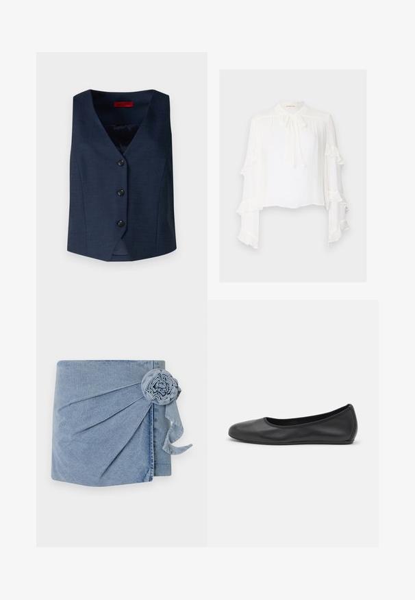 Navy blue sleeveless vest with a deep V-neck, featuring four black buttons and a smooth, textured fabric finish.; White blouse with long, flared sleeves featuring ruffled edges. High neck with a tie detail and lightweight, textured fabric.; Denim wrap featuring a light blue hue, intricate pleating, and a decorative flower accent with a trailing ribbon. Soft texture and casual design.; Black leather ballet flat with a rounded toe, smooth texture, minimal stitching detail, and a flexible sole design.