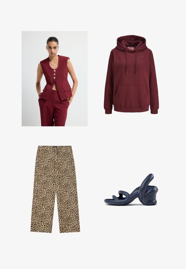 Bordowa bezrękawnik z trzema złotymi guzikami, dekoltem w kształcie litery V i dwiema przednimi kieszeniami, w komplecie z dopasowanymi spodniami.; Burgundowy hoodie wykonany z miękkiego materiału, z przednią kieszenią typu kangur, regulowanymi sznurkami i małym logo na piersi.; YOURTURN UNISEX beżowy; Granatowe sandały na wysokim obcasie wykonane z gładkiego materiału syntetycznego; posiadają krzywe paski oraz unikalny rzeźbiony kształt obcasa.