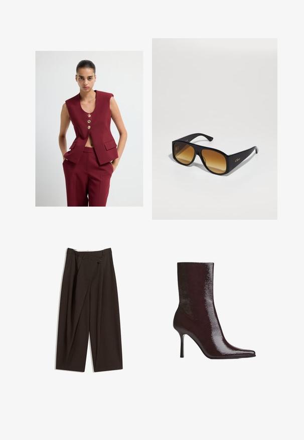 Bordeaux mouwloze blazer met drie gouden knopen, een V-hals en twee voorzakken, gecombineerd met een bijpassende getailleerde broek.; Marineblauw overhemd met knopen, voorzien van witte verticale strepen, lange mouwen, een puntige kraag en een licht gebogen zoom, gemaakt van een gladde stof.; Donkere bruin wijde broek met een hoge taille, voorzien van een enkele knoopsluiting en een geplooide voorkant. Gemaakt van lichtgewicht stof.; Bordeaux enkelboot met glanzende afwerking, puntige neus en dunne hoge hak. Het strakke ontwerp benadrukt de gladde textuur en gestroomlijnde silhouet.; Zwarte rechthoekige zonnebril met bruine verlooplenzen. Gemaakt van plastic, met een glad oppervlak en een subtiele gouden logo op de poot.