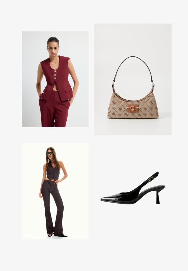 Bordowa bezrękawnik z trzema złotymi guzikami, dekoltem w kształcie litery V i dwiema przednimi kieszeniami, w komplecie z dopasowanymi spodniami.; Biała bluzka z długim rękawem i dekoltem łódkowym. Wykonana z miękkiego materiału, z rozszerzanymi rękawami i prostym wykończeniem, oferująca prosty i uniwersalny design.; Brązowa kamizelka w prążki, krótka, z rozszerzanymi spodniami, z guzikami i teksturowanym materiałem. Czarne buty na otwartym nosku i oversize'owe okulary przeciwsłoneczne.; Czarne lakierowane pantofle na obcasie typu slingback z ostrym noskiem, wyciętymi bokami, regulowanym paskiem na kostce i cienkim, smukłym obcasem.; Torba tote w beżowym materiale z brązowymi wzorzystymi akcentami. Posiada zakrzywiony kształt, pojedynczy pasek oraz plakietkę z logo z przodu z srebrnymi elementami.