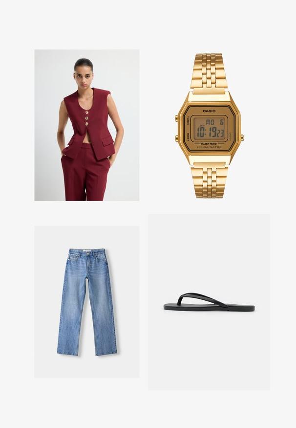Bordeaux mouwloze blazer met drie gouden knopen, een V-hals en twee voorzakken, gecombineerd met een bijpassende getailleerde broek.; Zwarte geribde tanktop met een hoge halslijn en mouwloos ontwerp. Heeft een getailleerd silhouet en een zachte textuur.; Lichtblauwe denim jeans met een rechte pasvorm, voorzien van vijf zakken, een knoopsluiting aan de voorkant en subtiele vervaging voor textuur.; Zwarte flip-flop met een minimalistisch ontwerp, een platte zool, smalle banden en een gladde textuur. Geen extra patronen of accenten.; Gouden digitale klok met een rechthoekige wijzerplaat, LCD-display, roestvrijstalen band en knoppen aan de zijkant. Bevat een waterdicht label.
